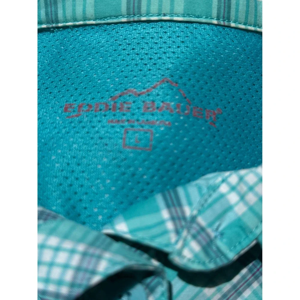 Eddie Bauer Womens Large Turquoise Plaid Button Up Roll Tab Sleeve Hiking Shirt